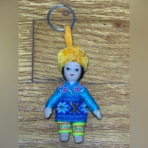 Handmade Ethnic Doll Keychain in Blue Fabric & Yellow Hat